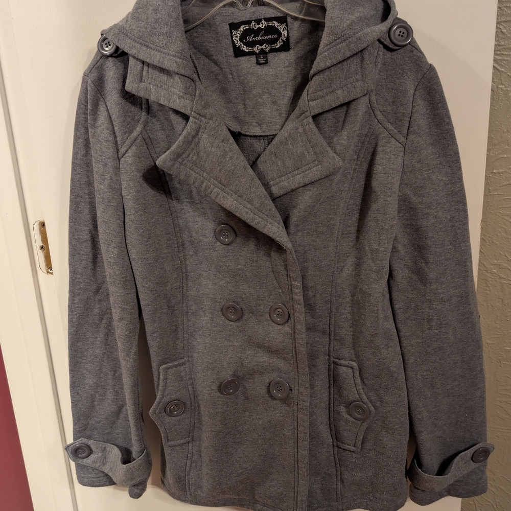 Hooded Peacoat Gray Double-Breasted Women's Jacket Ambiance